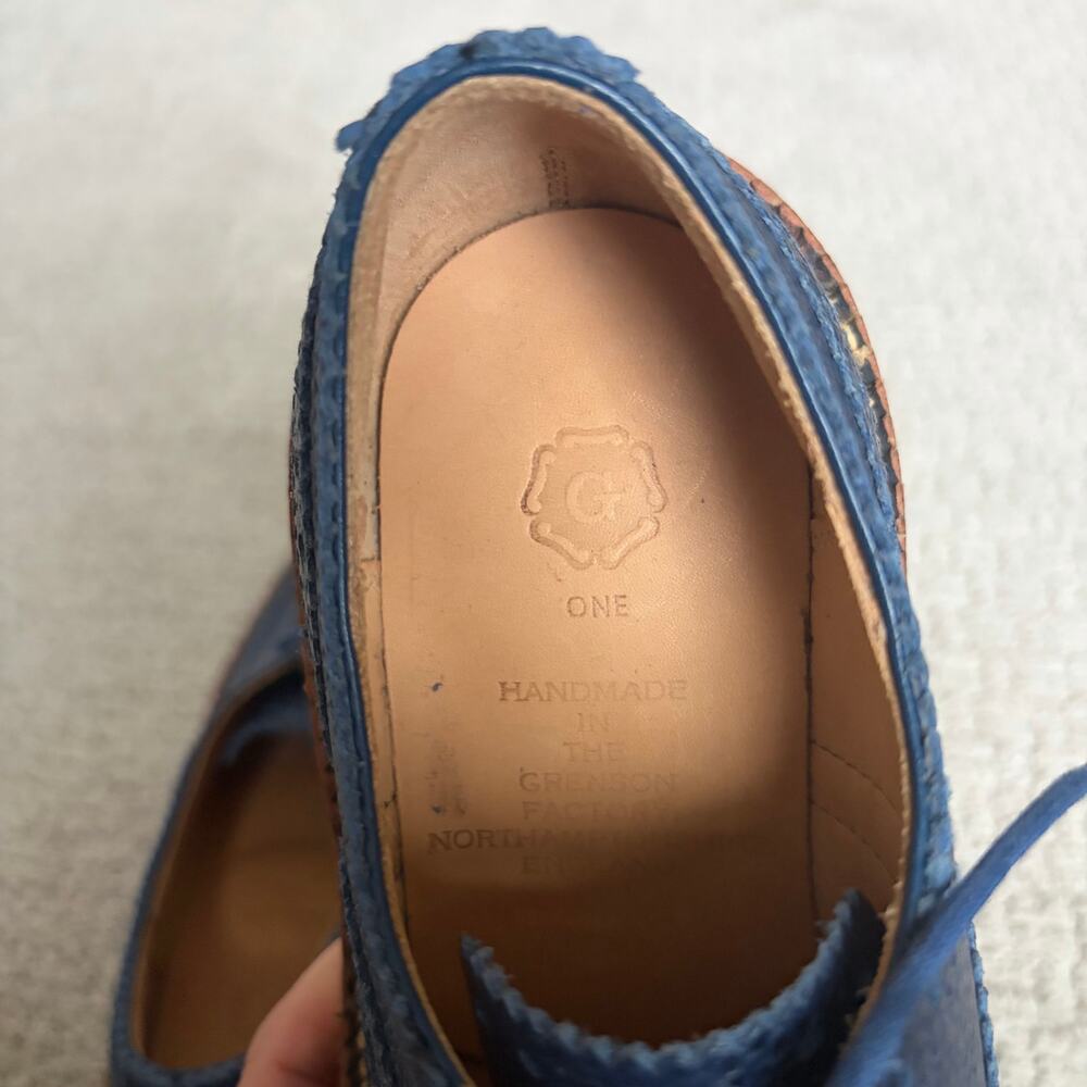 Grenson Archie Triple Welt Navy Pebble Leather Wingtip Shoes Womens 7.5/ Mens 6 - Picture 7 of 9
